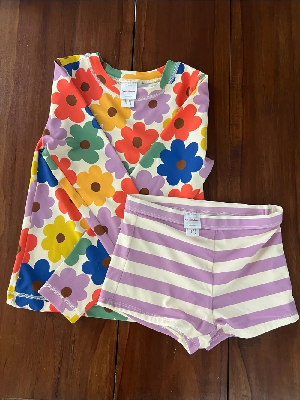 Hanna Anderson Rashguard Top & Shorts Set in Multicolored Spring Daisies on Ecru